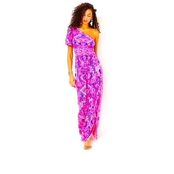 NWT’s Solana One-Shoulder Maxi in Havana Pink Turtle Tidepool Engineered knit. - Picture 1 of 5